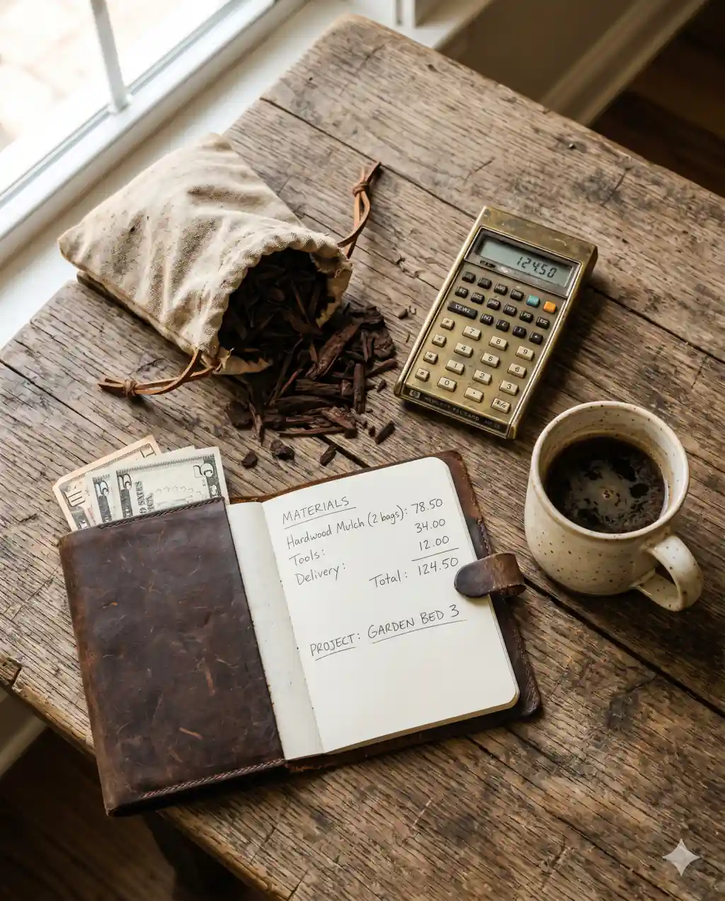 A leather notebook open to handwritten cost calculations beside a pouch of mulch, a brass calculator, and folded dollar bills.