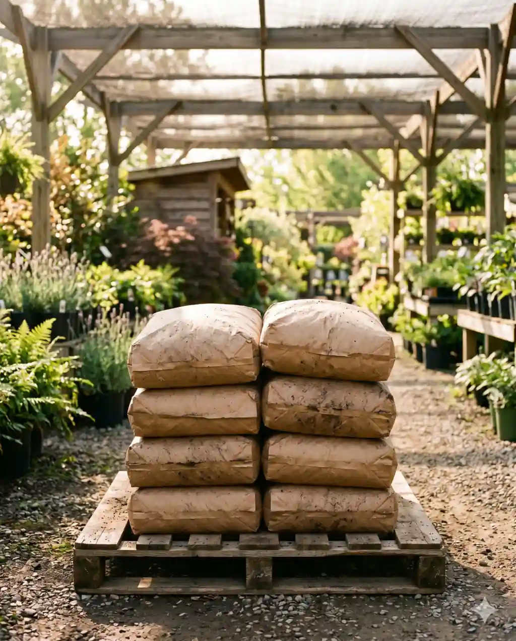 A stack of brown paper mulch bags on a wooden pallet in warm morning light at a garden center.