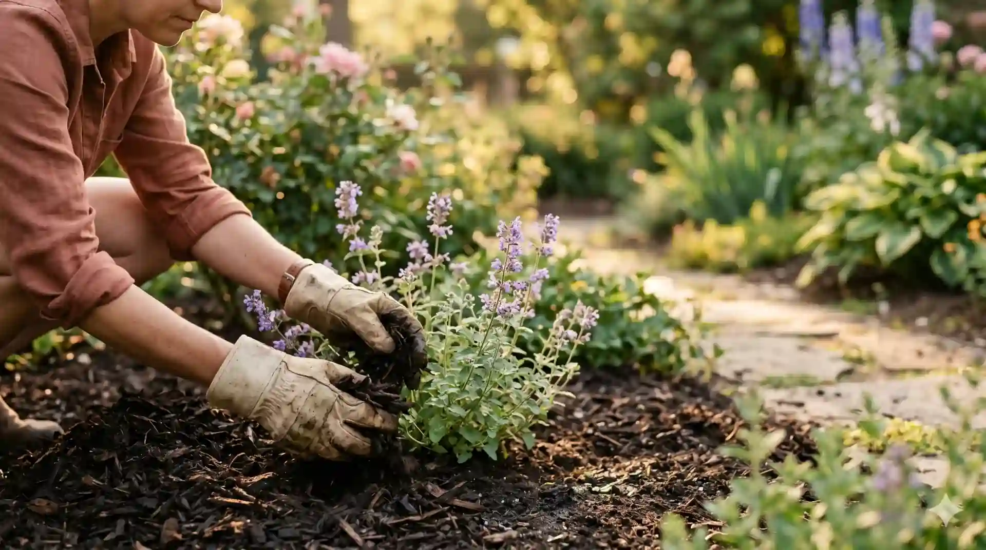 A gardener's gloved hands placing fresh dark hardwood mulch around a young flowering perennial at golden hour.