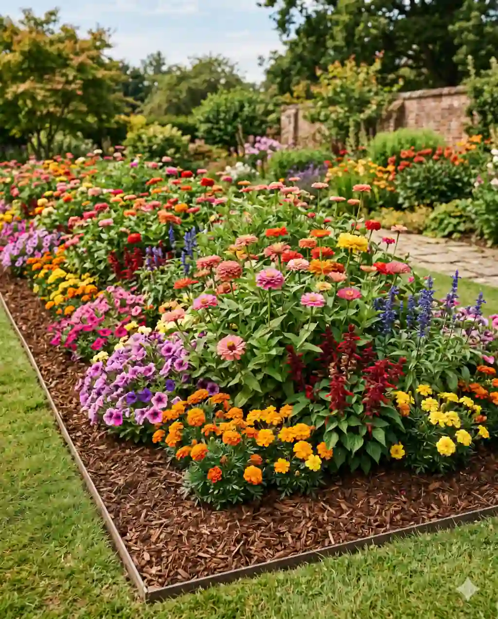 A colorful flower bed full of mid-summer annuals — zinnias, petunias, marigolds, salvia — growing through a 2-inch layer of brown hardwood mulch.