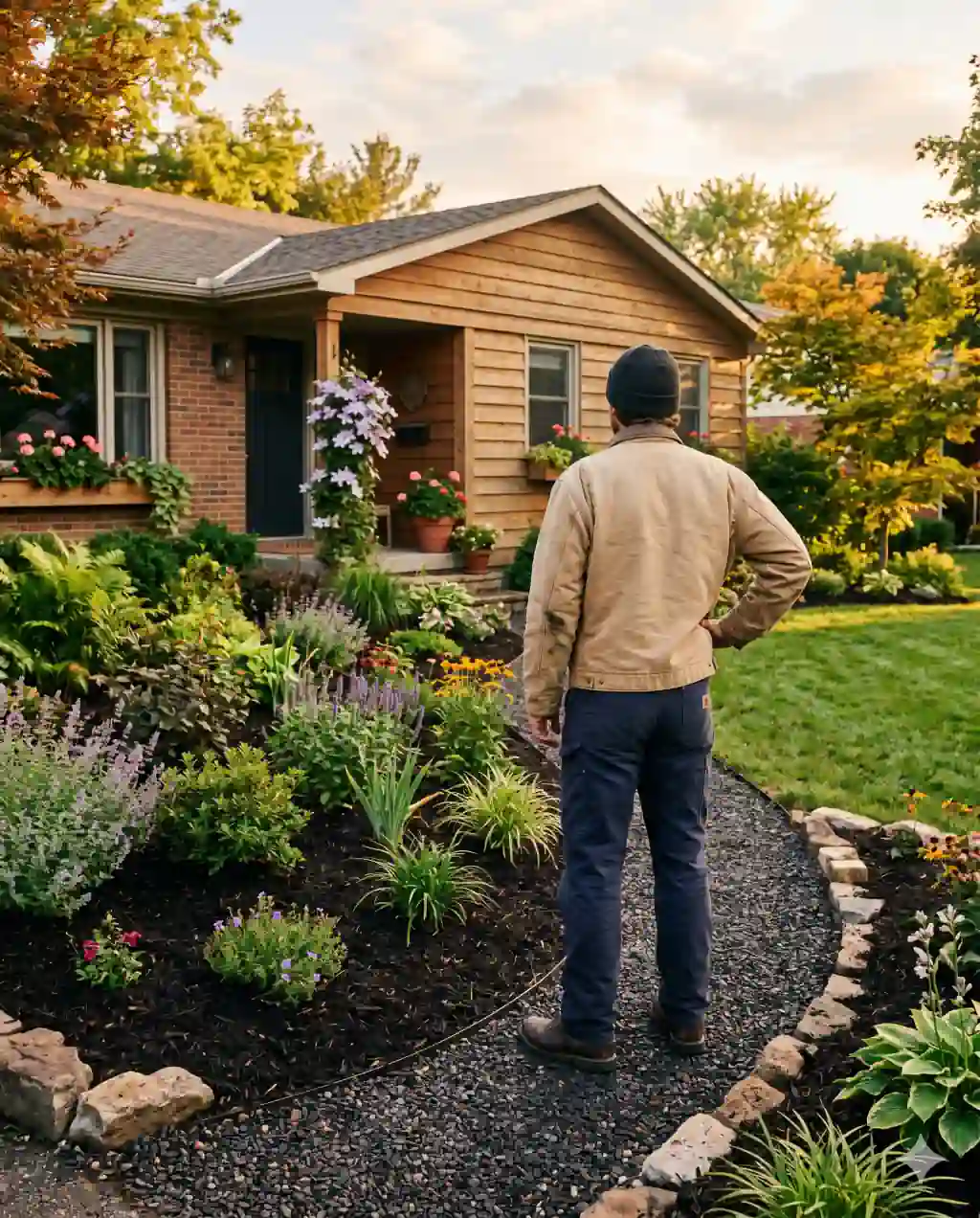 A person in dark canvas work pants standing back from a freshly mulched front yard with mixed beds, hand on hip, surveying the work.