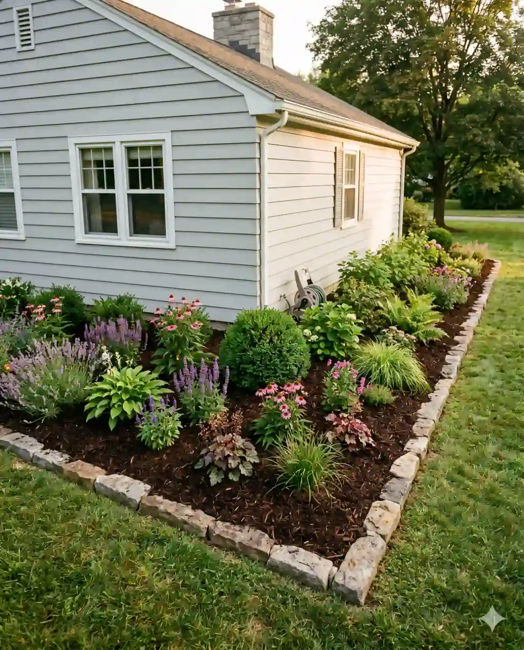 An L-shaped foundation planting bed wrapping the corner of a clapboard suburban house, freshly mulched with stone edging.