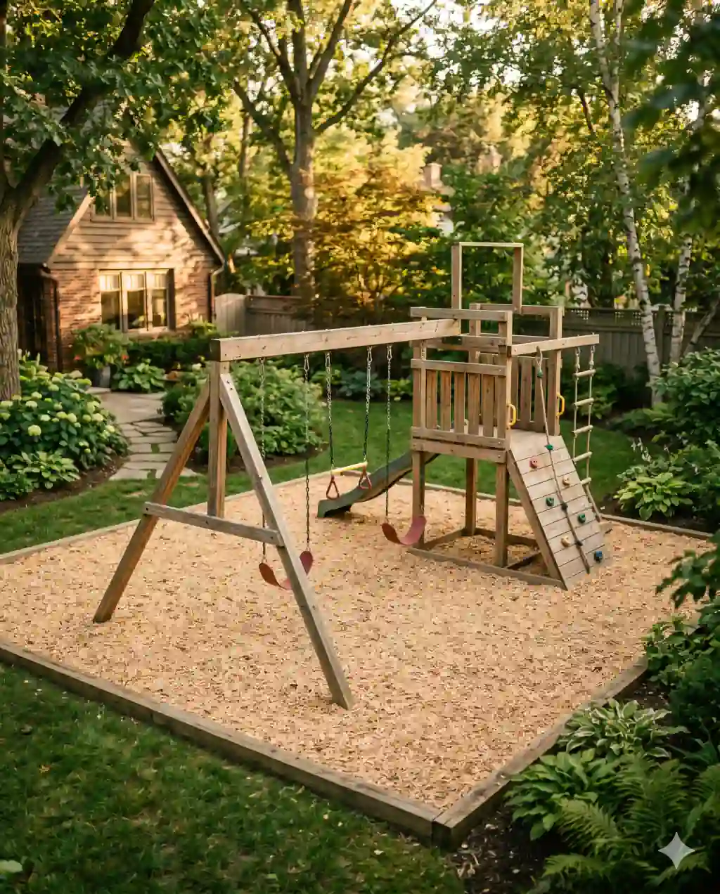 A wooden swing set and small climbing frame in a residential backyard, the ground around it covered in light tan engineered wood fiber playground mulch.