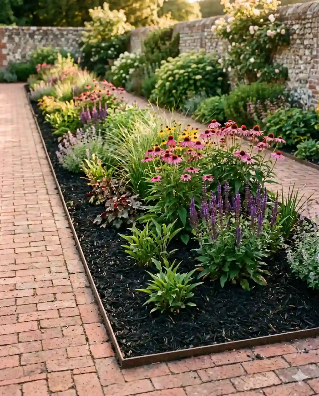A long straight rectangular flower border bed against a red-brick walkway, freshly applied dark shredded hardwood mulch with coneflowers and salvia pushing through.