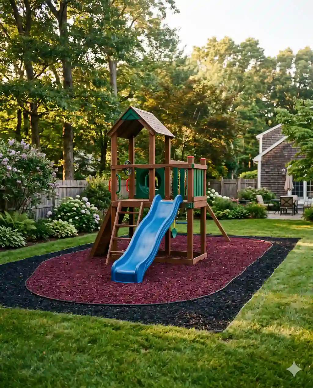 A residential backyard playground with a slide and climbing frame surrounded by rich burgundy red rubber mulch, with patches of black rubber mulch around the edges.