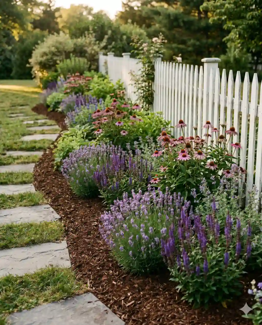 A trapezoidal planting bed running along a white picket fence, narrower at one end and wider at the other, freshly mulched with coneflowers, lavender, and sage.