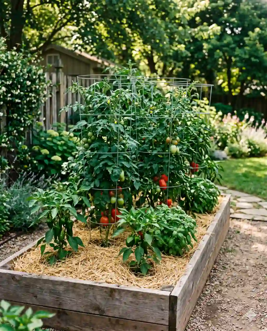 A productive raised vegetable bed in a backyard, tomato plants in metal cages, peppers, and basil growing through a thick layer of pale gold wheat straw mulch.