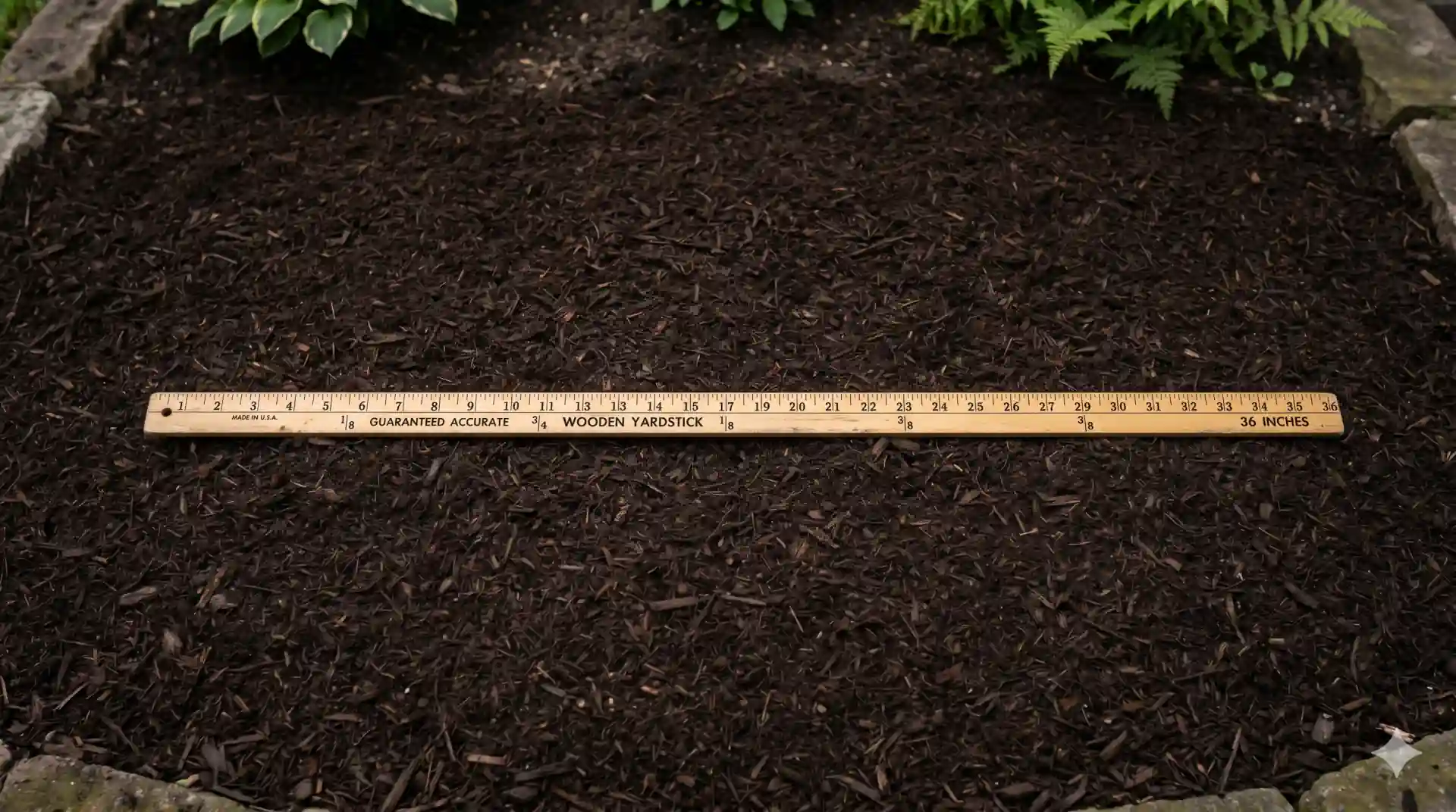 A wooden yardstick laid across a smooth, freshly raked hardwood mulch bed, top down.