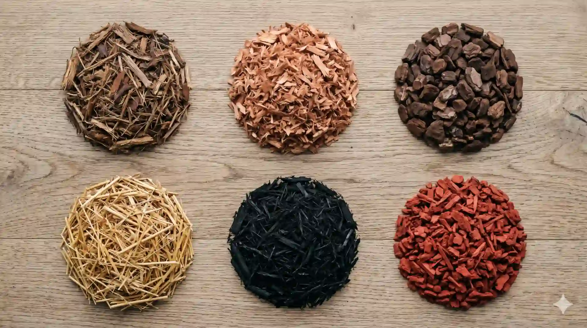 Six small piles of different mulch types arranged in a grid on a clean wood surface.