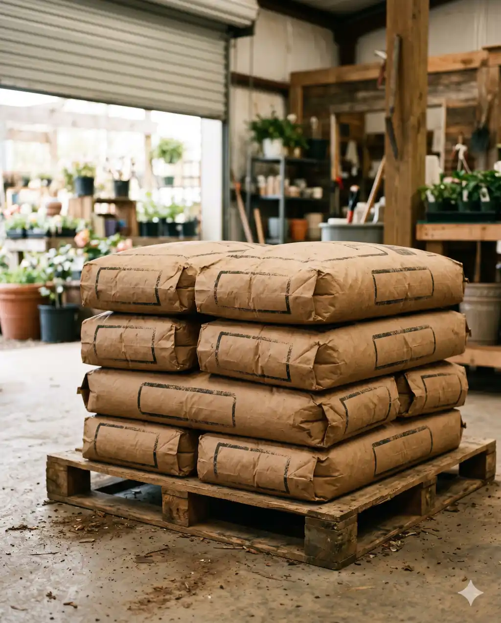 A neat stack of seven brown paper mulch bags on a wooden pallet at an independent garden center.