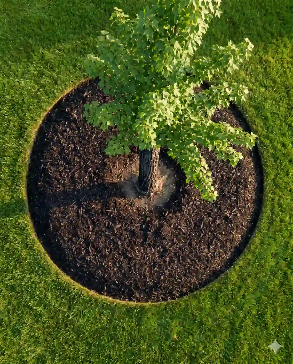 Top-down view of a clean circular tree ring of dark hardwood mulch around a young maple, with a 3-inch dry bark gap visible at the trunk.
