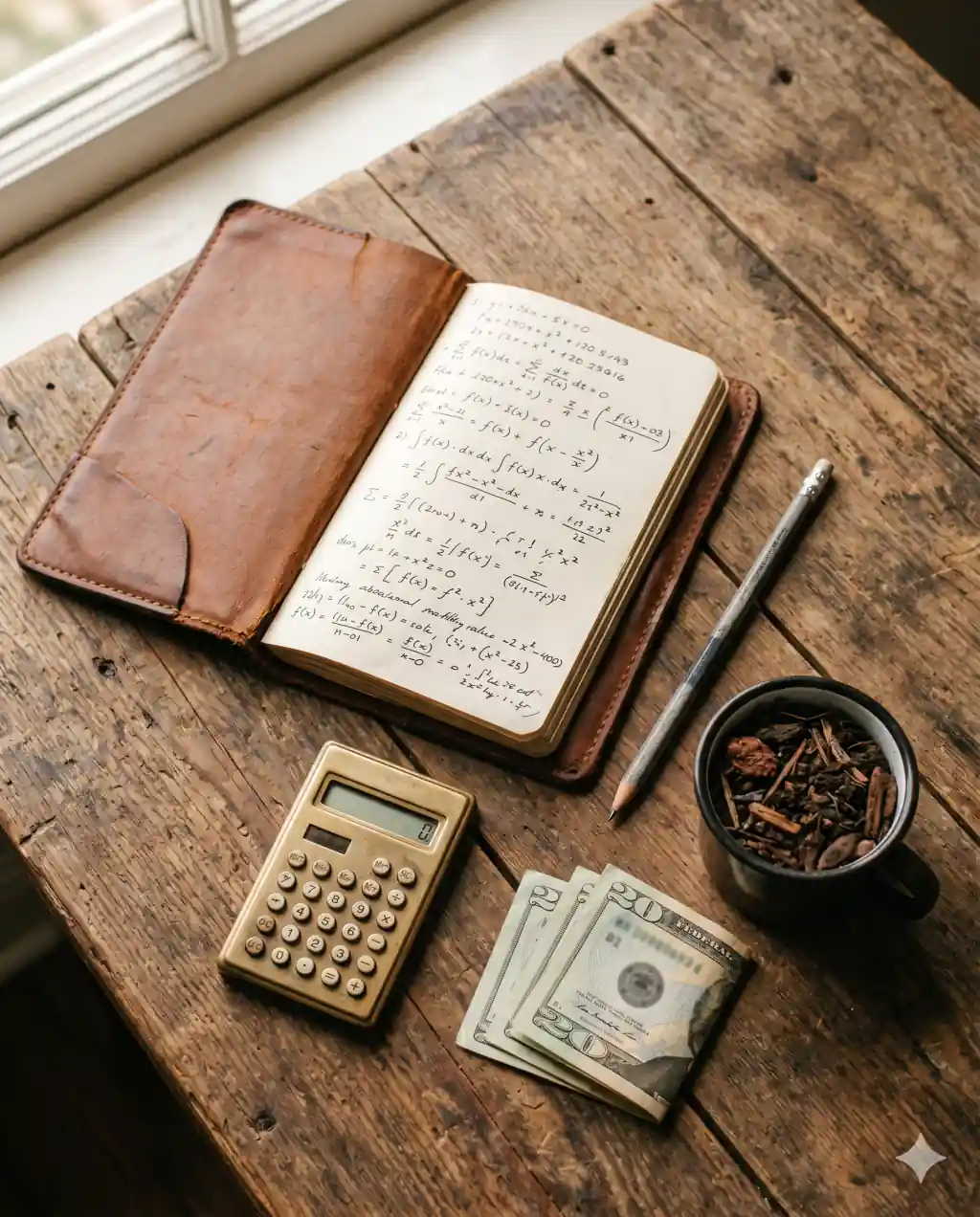 A leather notebook open to handwritten math beside a small brass desktop calculator, three folded twenty-dollar bills, a pencil, and an enamel cup of mulch.