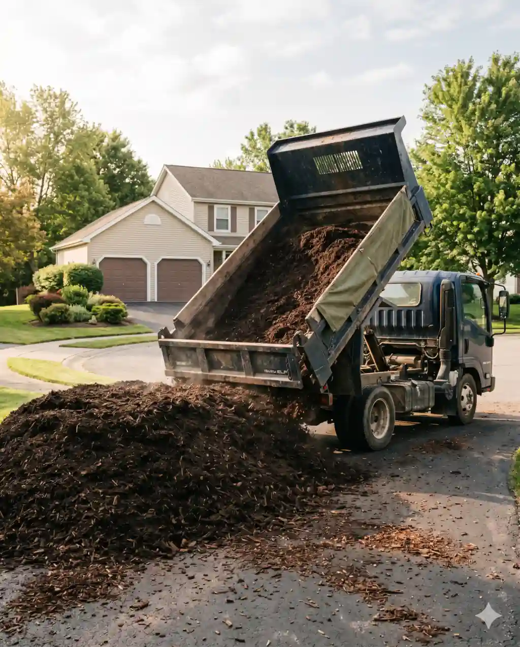 A small dump truck with its bed tilted up, finishing the dump of a large mounded pile of fresh dark hardwood mulch onto a paved residential driveway.