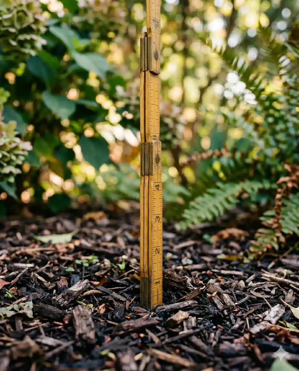 A folding wooden carpenter's rule standing vertically in dark hardwood mulch, showing the 1, 2, 3, and 4 inch marks with shallow depth of field.