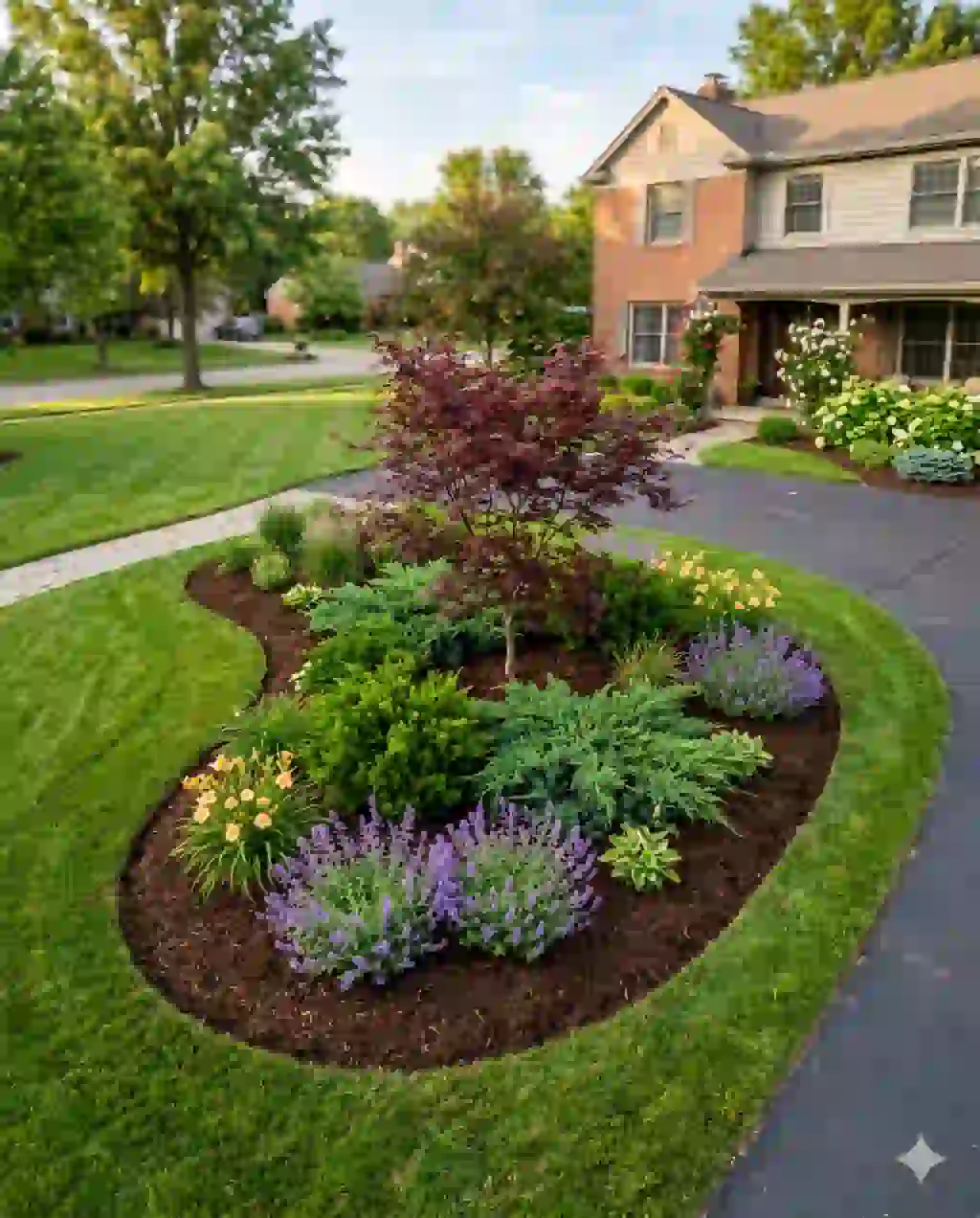 A kidney bean shaped island bed in a residential front yard, freshly mulched with a Japanese maple as a focal point and low-growing junipers around it.