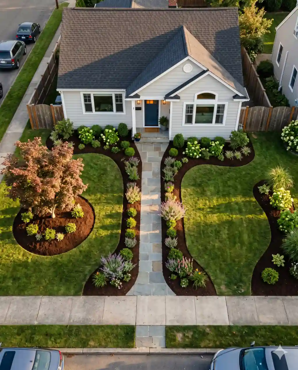 Aerial view of a small suburban front yard freshly mulched, with multiple curved beds along the foundation, around a tree, and bordering a stone walkway.