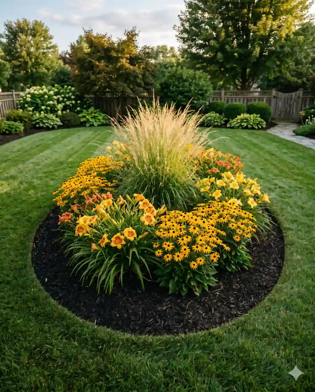 An oval island flower bed in the middle of a front lawn with ornamental fountain grass at its center, surrounded by daylilies and black-eyed susans, freshly mulched.