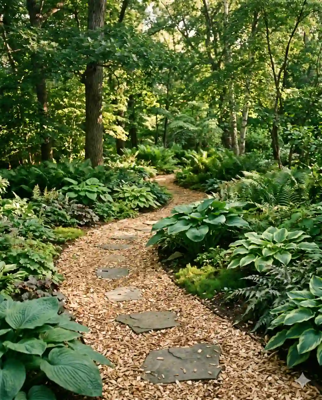 A winding garden pathway made of light tan wood chip mulch curving through a planted shade garden with hostas and ferns, stepping stones partially buried in the chip path.