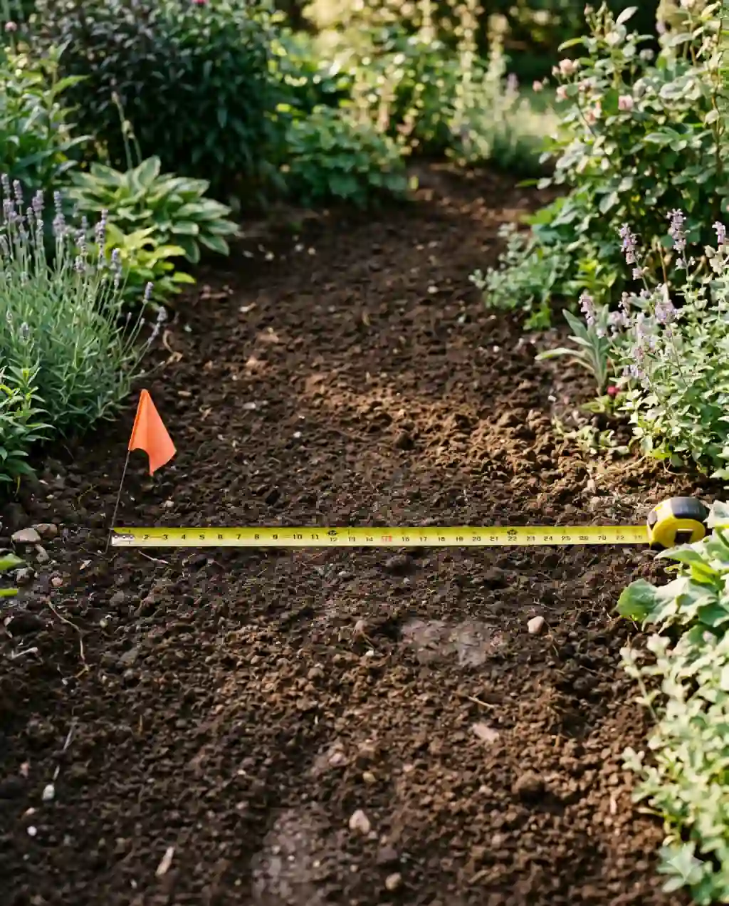 A yellow contractor's tape measure stretched across a section of bare topsoil between two existing flower beds, with a small flag marking one end.