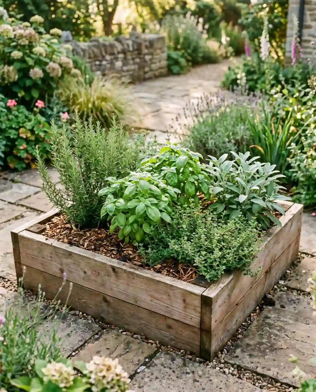 A 4 by 4 foot cedar raised garden bed topped with light brown mulch, growing rosemary, thyme, basil, and sage.