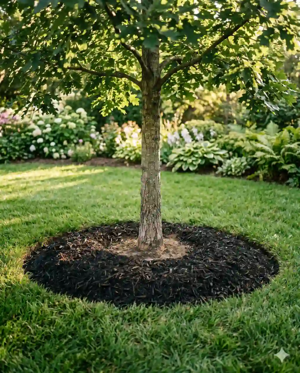 A properly mulched young oak tree with a flat donut ring of dark hardwood mulch around it at 3-4 inch depth, with a clear dry buffer around the bark.