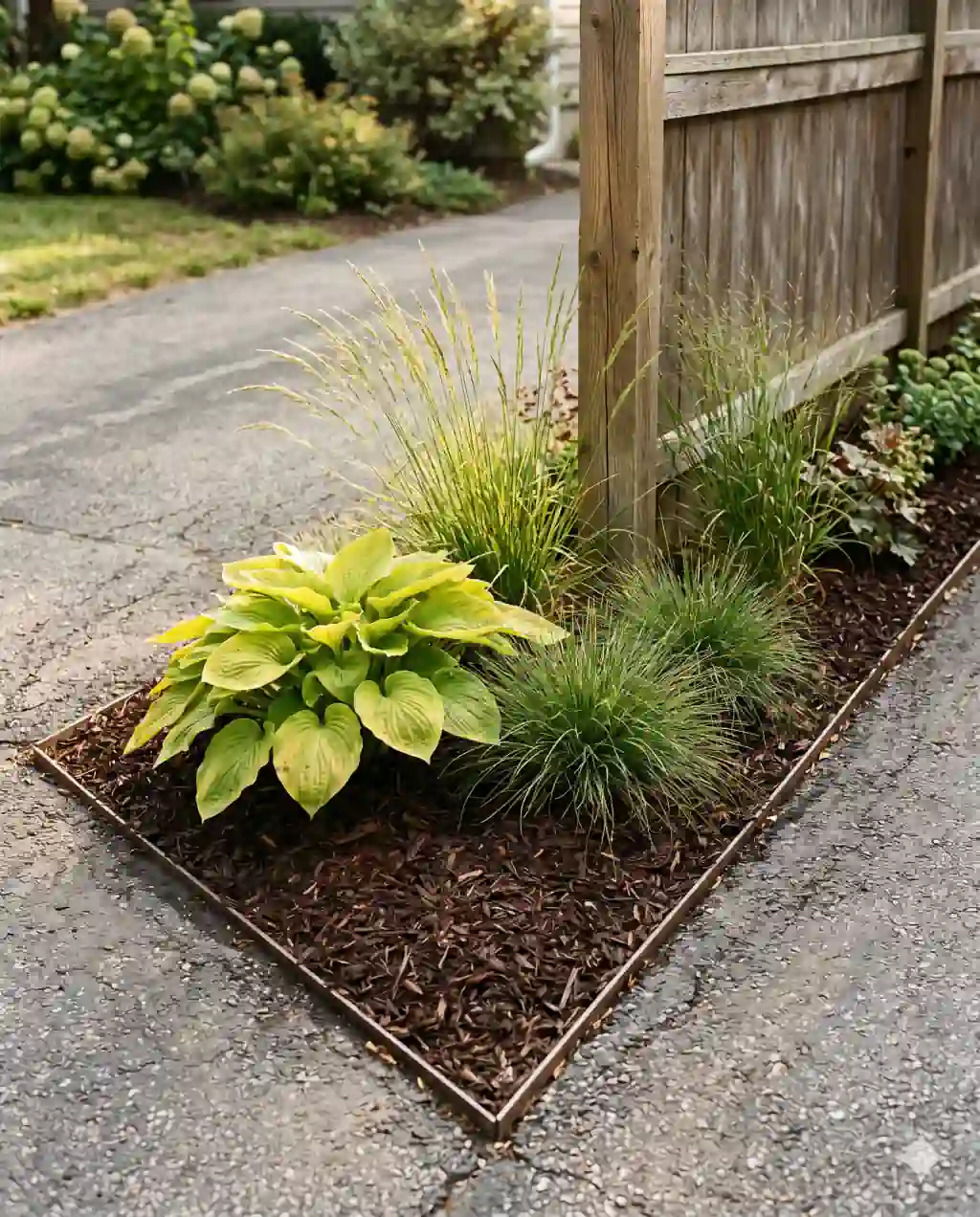 A triangular wedge-shaped corner bed where an asphalt driveway meets a wooden fence post, freshly mulched with ornamental grasses and a hosta.