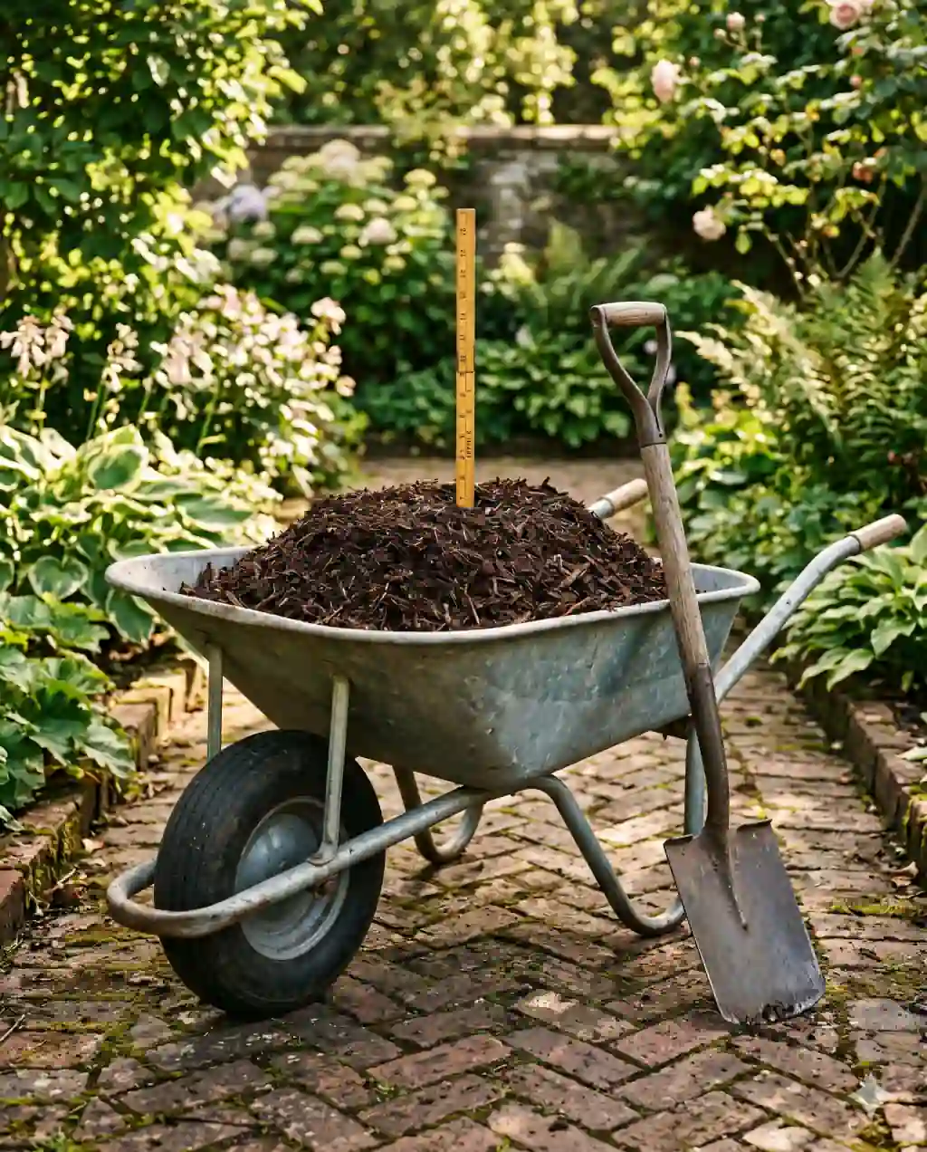 A galvanized wheelbarrow piled high with dark shredded mulch, a yellow carpenter's ruler standing upright in the mulch, and a spade leaning against the barrow.