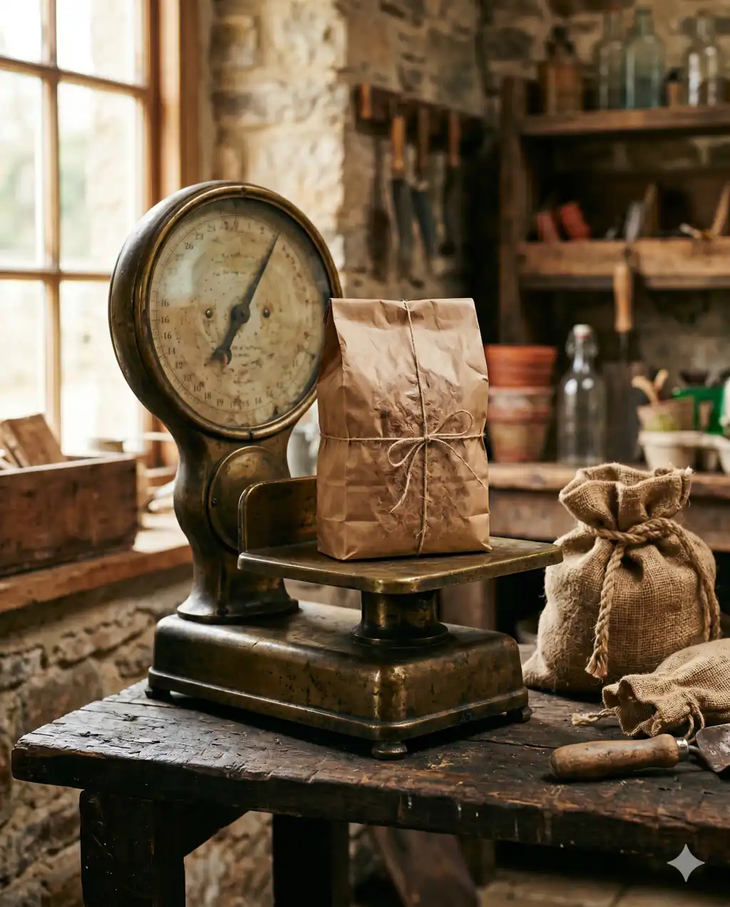An old-fashioned brass mechanical platform scale on a weathered wooden bench, a brown paper bag of mulch on the platform.
